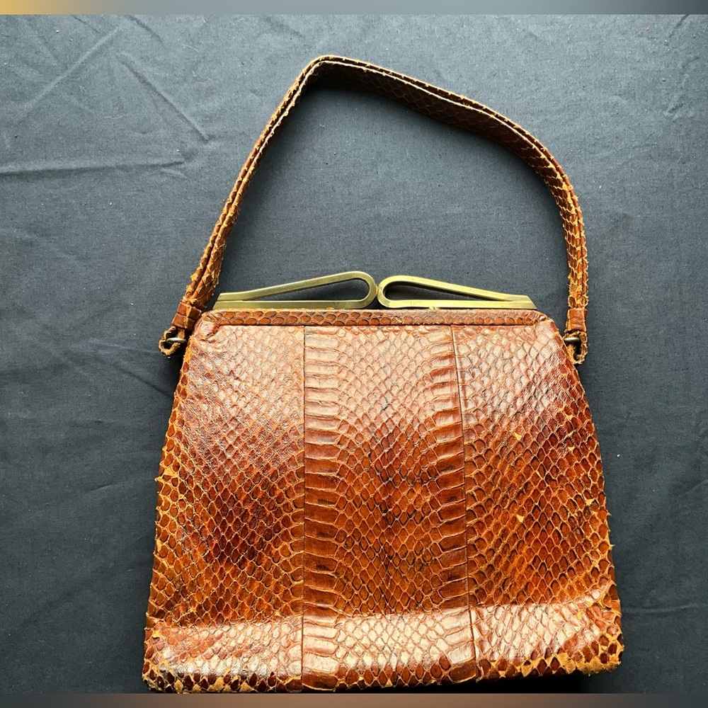 Vintage Snakeskin Brown Box Style Purse with Handles and Brass Clasp